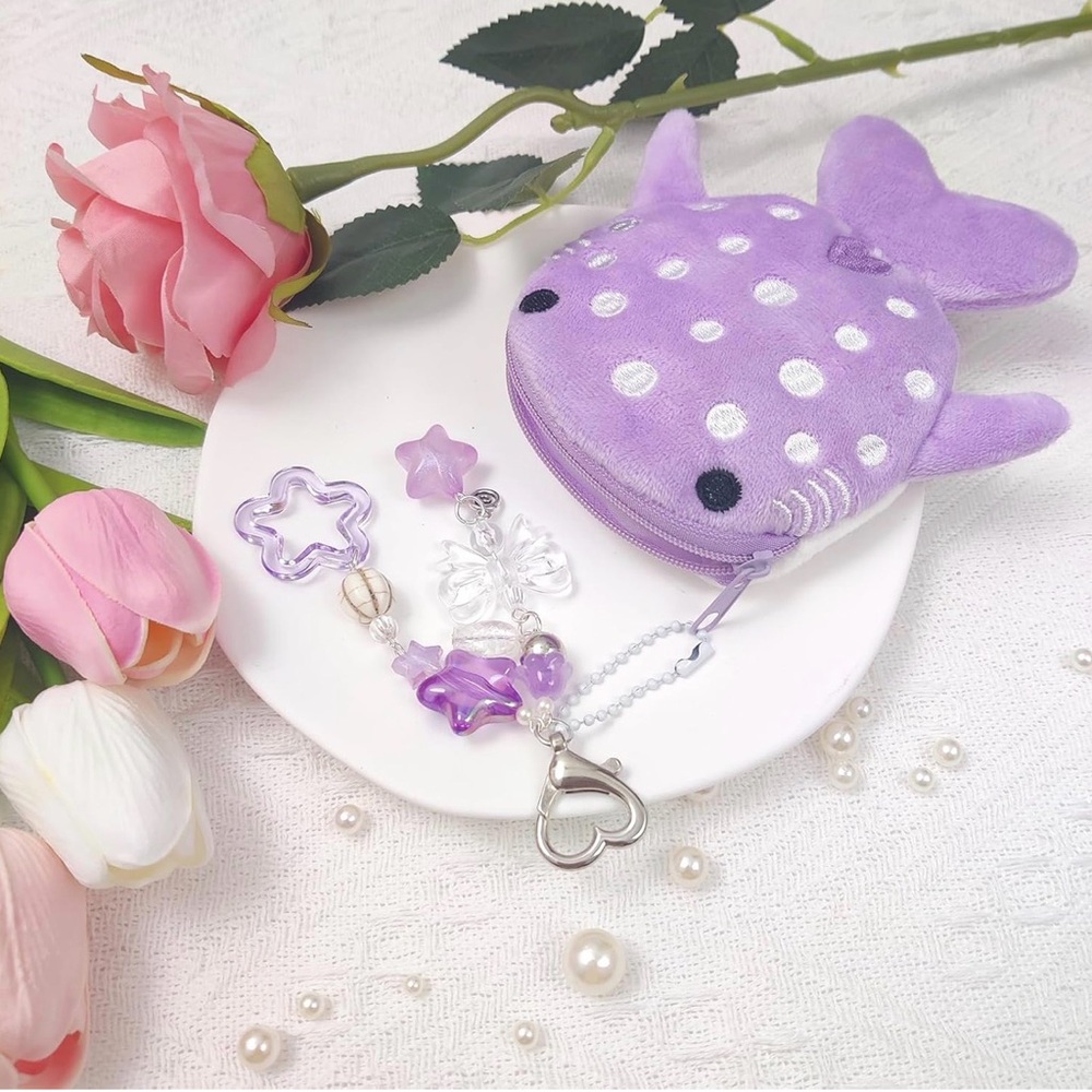 WHALE PURSE KEYCHAIN AIR PODS CUTE LAVENDER ZIP COIN PURSE CHARM KEYCHAIN NEW